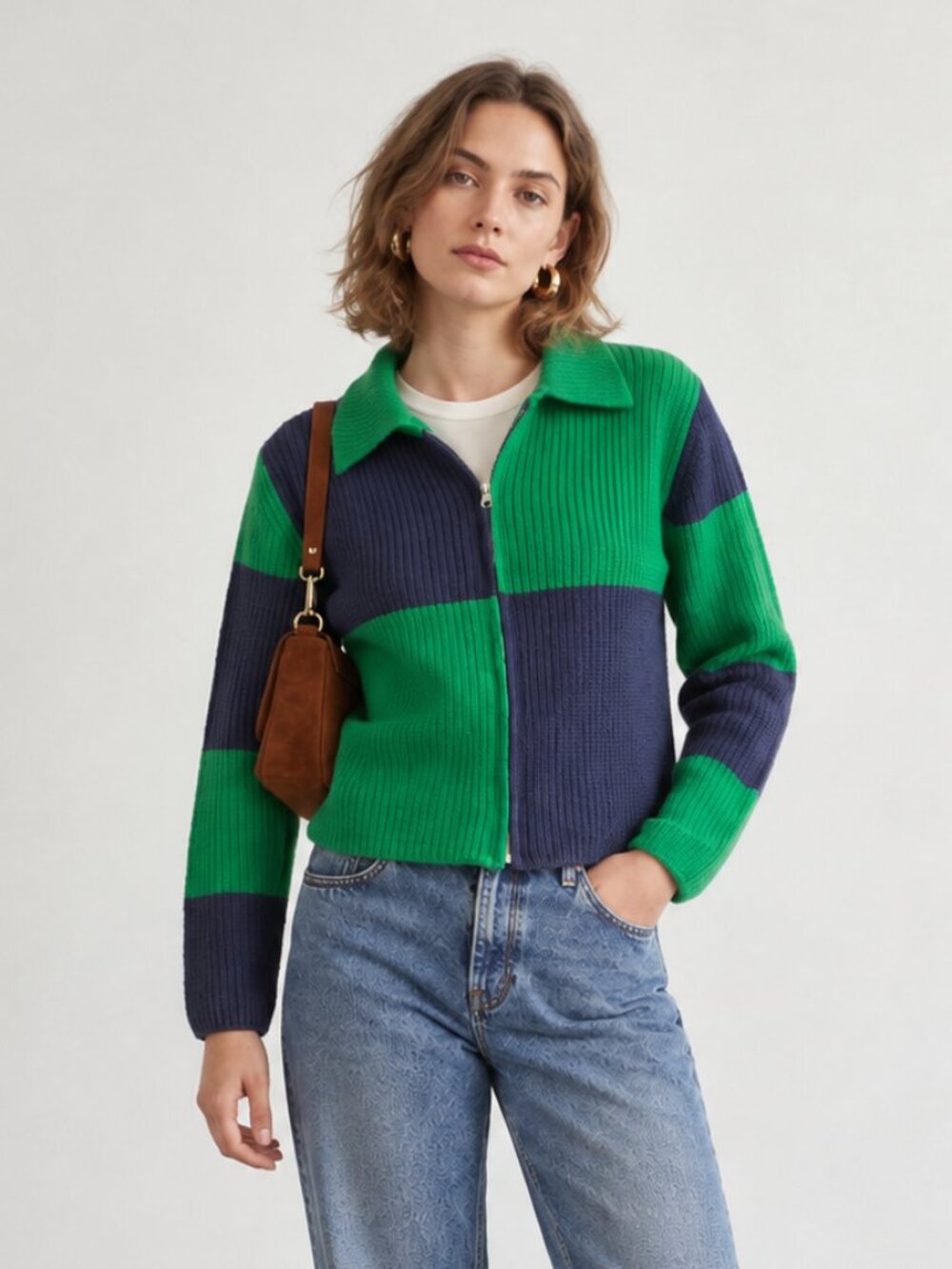 CIDER Green Navy Colorblock Striped Zip Collar Cropped Sweater XS